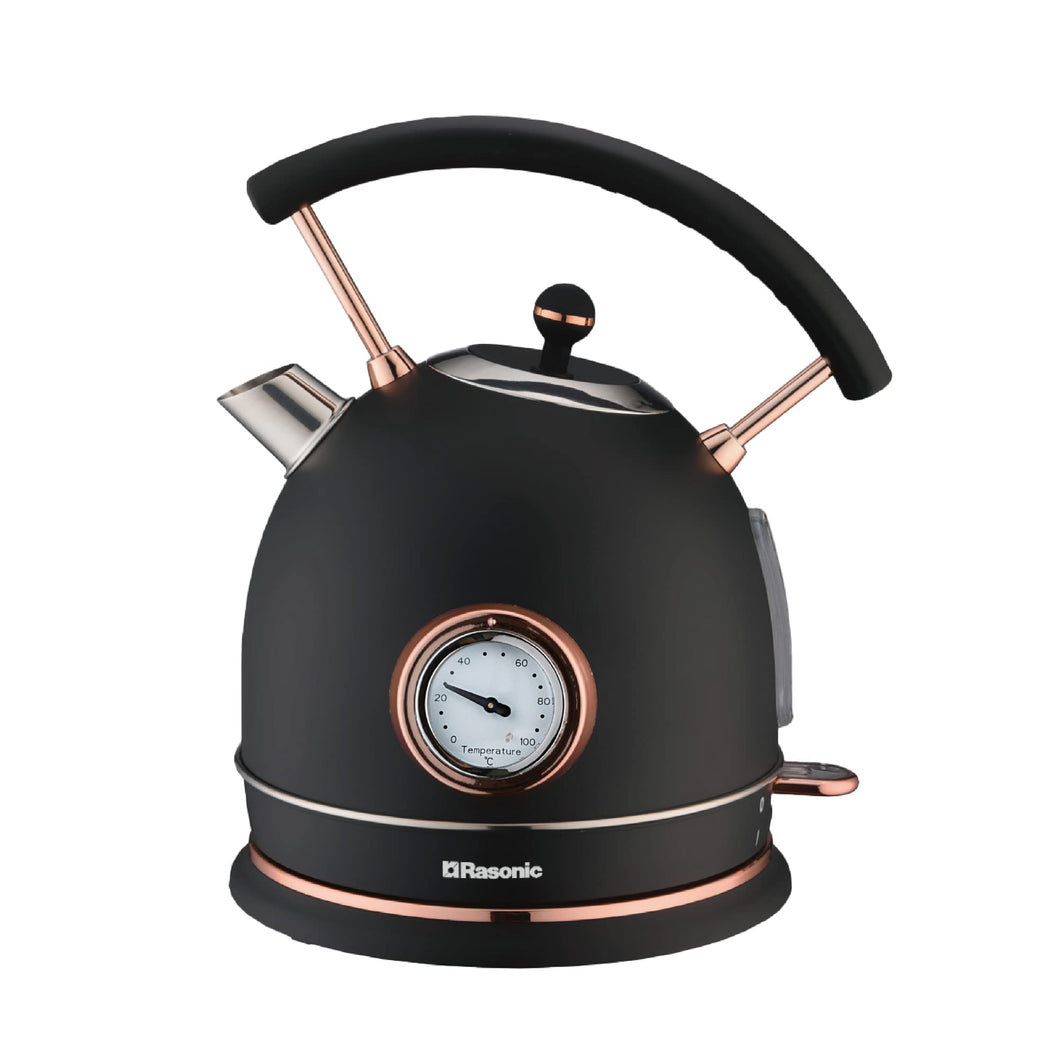 Rasonic Classic Retro Electric Kettle 1.8L Stainless Steel, 3KW Fast Quiet Boiling, Temperature Gauge, LED Light, Auto Shut-Off, Home Kitchen, Office, Luxurious Hotel (Matt Finish Black and Rose Gold)