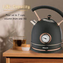 Load image into Gallery viewer, Rasonic Classic Retro Electric Kettle 1.8L Stainless Steel, 3KW Fast Quiet Boiling, Temperature Gauge, LED Light, Auto Shut-Off, Home Kitchen, Office, Luxurious Hotel (Matt Finish Black and Rose Gold)
