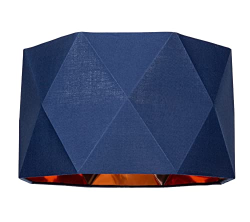 Navy Midnight Blue Cotton Fabric 32cm Geometric Designer Lamp Shade with Inner Brushed Copper Metal Effect Lining| 60w Maximum | for Table or Pendant by Happy Homewares