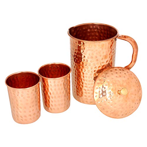 Pure Copper Hammered Water Jug With 2 Copper Tumblers