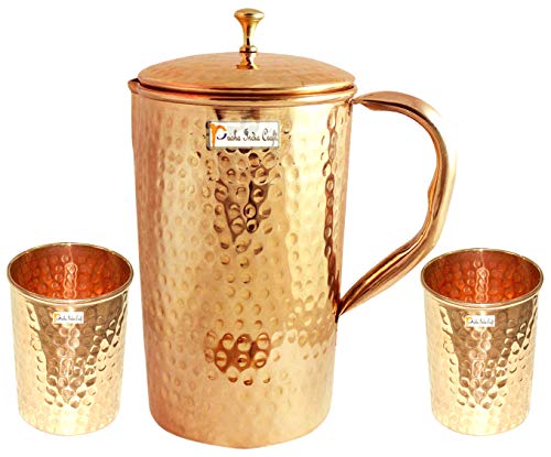 Copper Pitcher With 2 Tumblers Set | Hammered Style Water Jug With Lid | 1.6 Litre