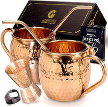 Load image into Gallery viewer, Moscow Mule Copper Mugs | 100% Pure Solid Copper | His &amp; Hers Gift Set | 2 Hammered 16 OZ Copper Cups x2 Straws
