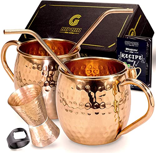 Moscow Mule Copper Mugs | 100% Pure Solid Copper | His & Hers Gift Set | 2 Hammered 16 OZ Copper Cups x2 Straws