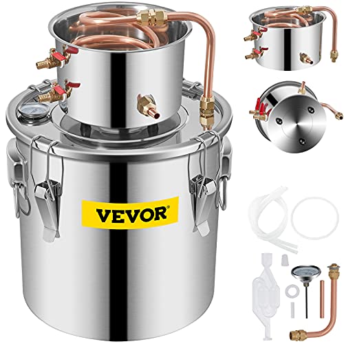 VEVOR Moonshine Still Distiller 3Gal 12L Stainless Steel Water Distiller Copper Tube Home Brewing Kit Build-in Thermometer for DIY Whisky Wine Brandy Sliver